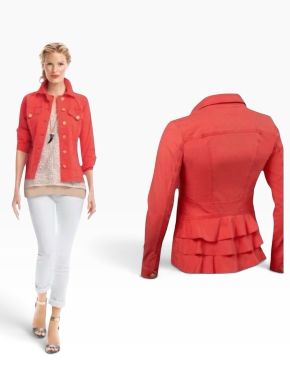 CAbi #727 Taylor Utility Ruffle Back Jacket Lobster Coral Red Size S Gorpcore